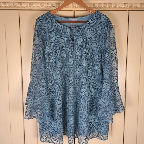 Catherines Women's Blue Rose Lace Bell Sleeve Blouse Sz 2X - Picture 1 of 9